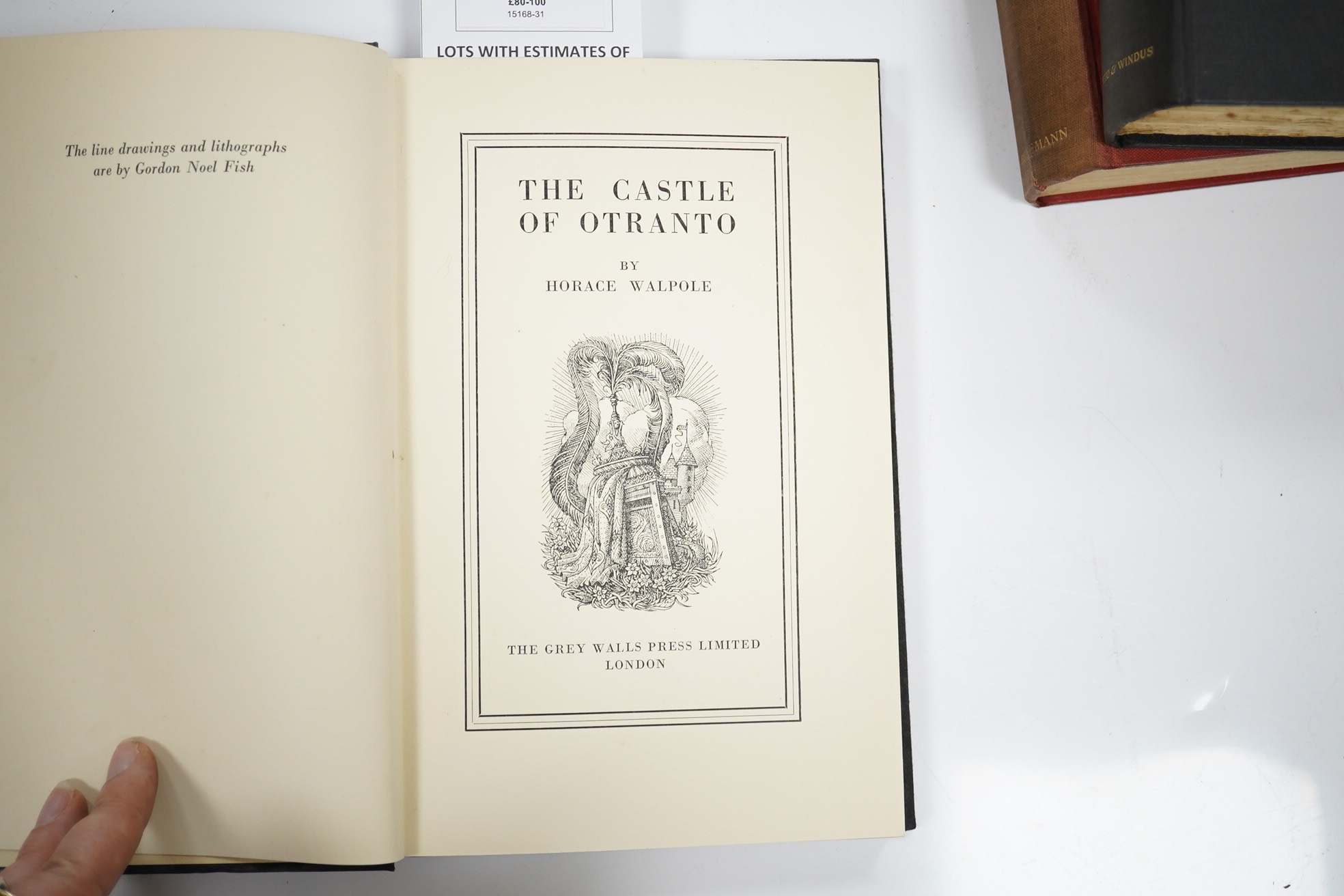 (Powell, Anthony). The following books with his armorial bookplate: Walpole, Horace - The Castle of Otranto. 4 tinted lithographed plates and text decorations (by Gordon Noel Fish); publisher's gilt cloth. The Grey Walls